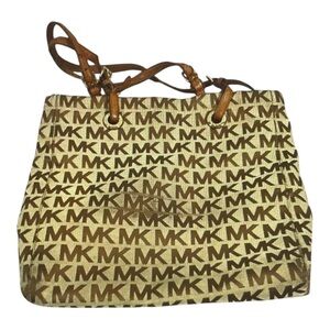 Michael Kors Signature Tote Beige Brown Large Monogram Shoulder Tote Bag